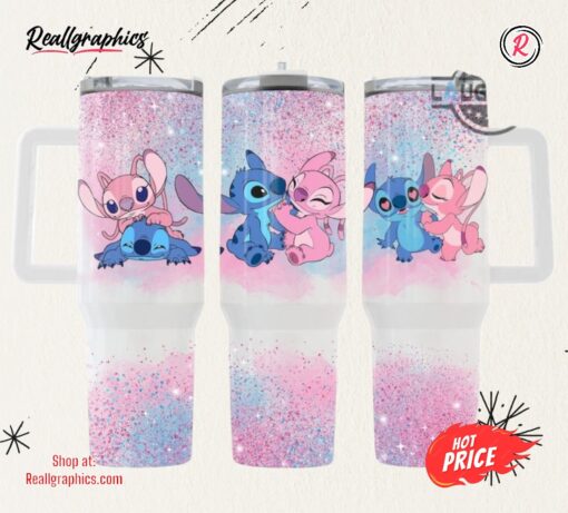 Stitch And Angel Tumbler 40 Oz Lilo And Stitch Valentines Day Gift Disney Cartoon Stanley Quencher Tumbler Dupe 40Oz