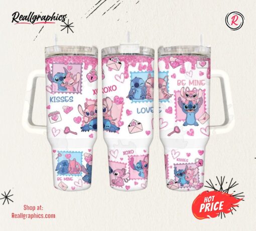 Stitch And Angel Valentines Cup 40 Oz Be Mine Pink Valentines Stanley Tumbler Dupe 40Oz Couple Love Stainless Steel Cup Valentines Day Gift