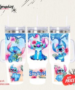 Stitch Cup With Straw Floral Disney Cartoon Lilo And Stitch Aloha Hawaiian 40Oz Stainless Steel Stanley Tumbler Dupe Cup With Handle NEW