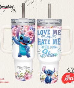 Stitch I’m Still Gonna Shine Flower Pattern 40oz Stainless Steel Tumbler with Handle and Straw Lid