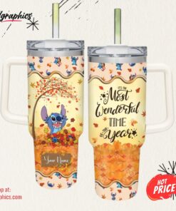 Stitch Most Wonderful Time Fall Leaf Pattern 40oz Stainless Steel Tumbler and Straw Lid