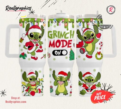 Stitch Stanley Cup 40Oz Christmas Disney Lilo And Stitch Stainless Steel Tumbler Cartoon Grinch Mode On 40 Oz Travel Cup With Handle Xmas Gift For Family