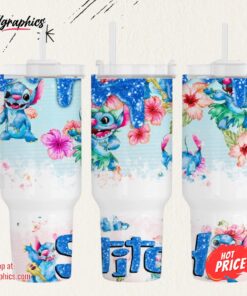 Stitch Stanley Tumbler 40 Oz Faux Glitter Lilo And Stitch Stainless Steel Cup 40Oz Disney Cartoon Travel Cups With Handle Hawaiian Hibiscus Aloha Floral Mugs