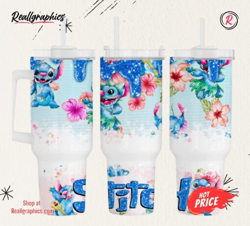 Stitch Stanley Tumbler 40 Oz Faux Glitter Lilo And Stitch Stainless Steel Cup 40Oz Disney Cartoon Travel Cups With Handle Hawaiian Hibiscus Aloha Floral Mugs