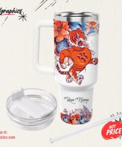Tigers Cup 40 Oz Just A Girl Who Loves Clemson Tigers Sports Mascot Flower Pattern 40Oz Stainless Steel Tumbler And Straw Lid Gift
