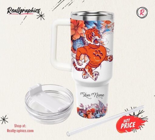 Tigers Cup 40 Oz Just A Girl Who Loves Clemson Tigers Sports Mascot Flower Pattern 40Oz Stainless Steel Tumbler And Straw Lid Gift