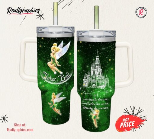 Tinkerbell Cup 40 Oz Disneytinker Bell Castle Glitter Pattern 40Oz Stainless Steel Stanley Tumbler With Handle And Straw Lid Dreams Are Forever