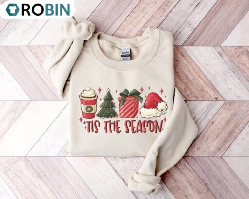 Tis The Season Christmas Sweatshirt, Xmas Coffee Shirt, Long Sleeve Cotton, Hoodie
