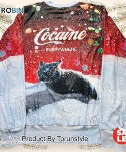 Trendy ‘Cocaine Everywhere’ Cat Graphic Sweater   Bold, Eye Catching Winter Pullover