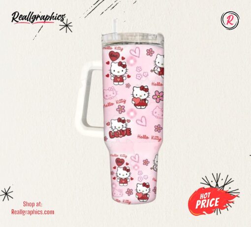 Valentines Day Stanley Cup 40 Oz X Hello Kitty Sanrio Valentines Day Gift For Her Pink Cat Stainless Steel Tumbler Cartoon Movies 40Oz Cups