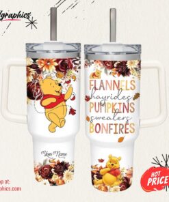 Winnie the Pooh Flannels Pumpkins Bonfires Fall Theme Pattern 40oz Tumbler with Handle and Straw Lid