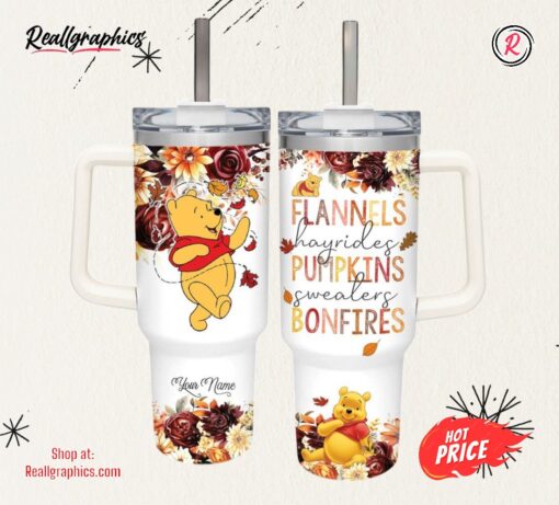Winnie the Pooh Flannels Pumpkins Bonfires Fall Theme Pattern 40oz Tumbler with Handle and Straw Lid