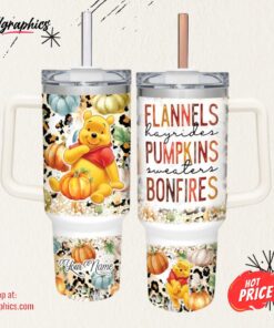 Winnie the Pooh Flannels Pumpkins Bonfires Pattern 40oz Stainless Steel Tumbler and Straw Lid