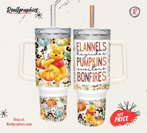 Winnie the Pooh Flannels Pumpkins Bonfires Pattern 40oz Stainless Steel Tumbler and Straw Lid