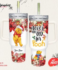 Winnie the Pooh Poinsettia Red Flower Christmas Pattern 40oz Stainless Steel Tumbler and Straw Lid