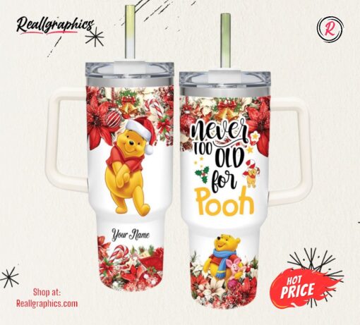 Winnie the Pooh Poinsettia Red Flower Christmas Pattern 40oz Stainless Steel Tumbler and Straw Lid