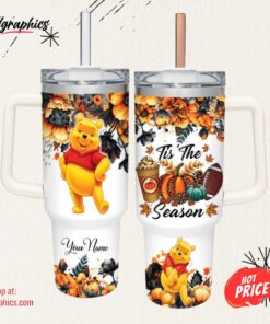 Winnie the Pooh Tis The Season Fall Leaf Pattern 40oz Stainless Steel Tumbler and Straw Lid