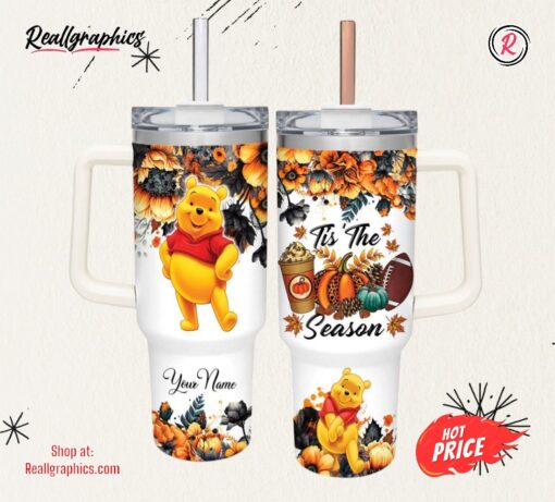 Winnie the Pooh Tis The Season Fall Leaf Pattern 40oz Stainless Steel Tumbler and Straw Lid