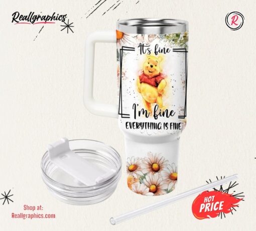 Winnie The Pooh Tumbler 40 Oz Everything Is Fine Winnie The Pooh Daisy Flower Pattern 40Oz Stainless Steel Tumbler And Straw Lid