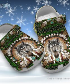 Wolf with Indigenous Pattern 3D Printed Crocs Clogs Shoes