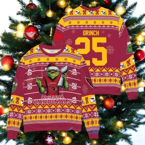 Arizona Cardinals x Grinch Christmas Dr. Seuss How the Grinch Stole Christmas with Super Bowl Trophy Custom Ugly Christmas Sweater