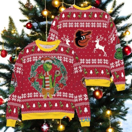 Baltimore Orioles x Grinch Dr. Seuss How the Grinch Stole Christmas MLB with World Series Trophy Ugly Christmas Sweater Red
