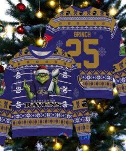 Baltimore Ravens x Grinch Christmas Dr. Seuss How the Grinch Stole Christmas with Super Bowl Trophy Custom Ugly Christmas Sweater