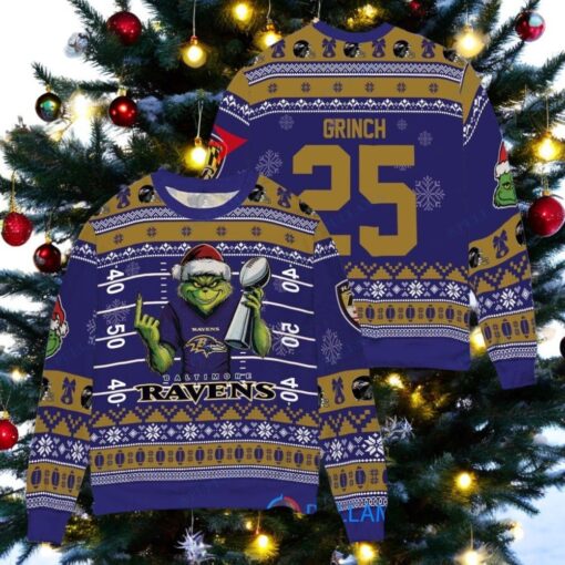 Baltimore Ravens x Grinch Christmas Dr. Seuss How the Grinch Stole Christmas with Super Bowl Trophy Custom Ugly Christmas Sweater