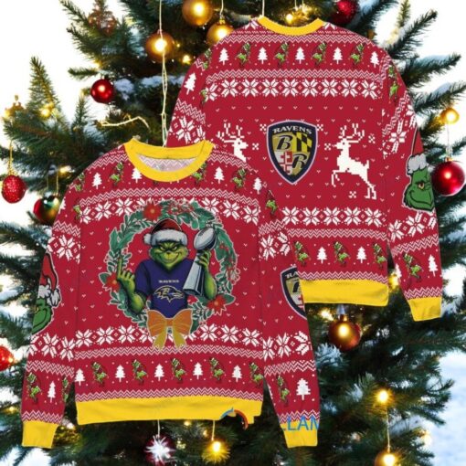 Baltimore Ravens x Grinch NFL Dr. Seuss How the Grinch Stole Christmas with Super Bowl Trophy Ugly Christmas Sweater Red