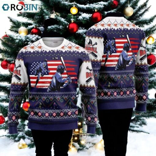 Baseball Ugly Christmas Sweater   American Flag Patriotic Holiday Sweater for Baseball Fans