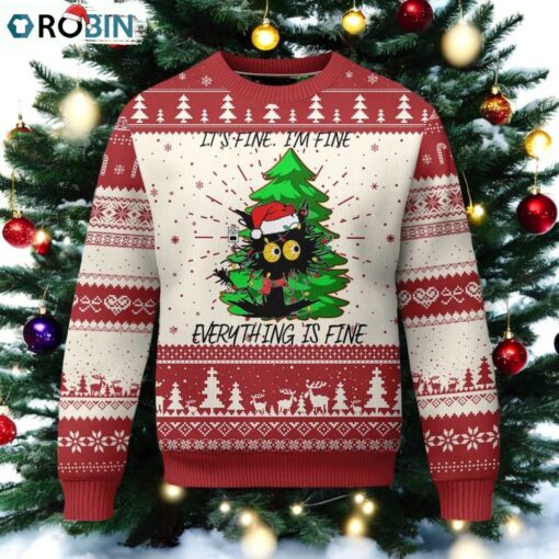 Black Cat Christmas Ugly Christmas Sweater It’s Fine I’m Fine Everthing Is Fine Funny Xmas