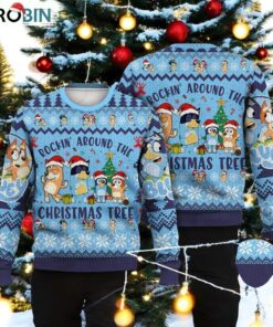 Bluey Ugly Christmas Full Print Sweater, Bluey Rockin The Christmas Tree Sweater