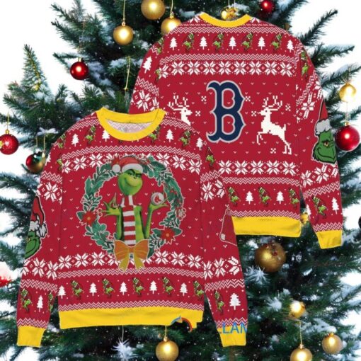 Boston Red Sox x Grinch Dr. Seuss How the Grinch Stole Christmas MLB with World Series Trophy Ugly Christmas Sweater Red