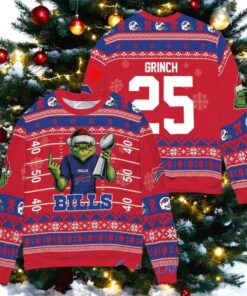 Buffalo Bills x Grinch Christmas Dr. Seuss How the Grinch Stole Christmas with Super Bowl Trophy Custom Ugly Christmas Sweater