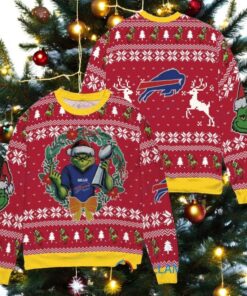 Buffalo Bills x Grinch NFL Dr. Seuss How the Grinch Stole Christmas with Super Bowl Trophy Ugly Christmas Sweater Red