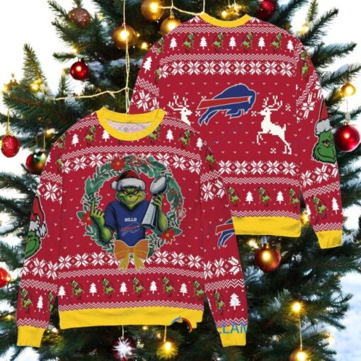 Buffalo Bills x Grinch NFL Dr. Seuss How the Grinch Stole Christmas with Super Bowl Trophy Ugly Christmas Sweater Red