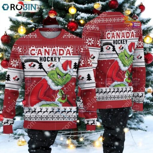 Canada Ice Hockey Team Grinch Hockey Stick Ugly Christmas Sweater