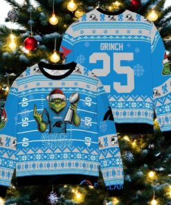 Carolina Panthers x Grinch Christmas Dr. Seuss How the Grinch Stole Christmas with Super Bowl Trophy Custom Ugly Christmas Sweater