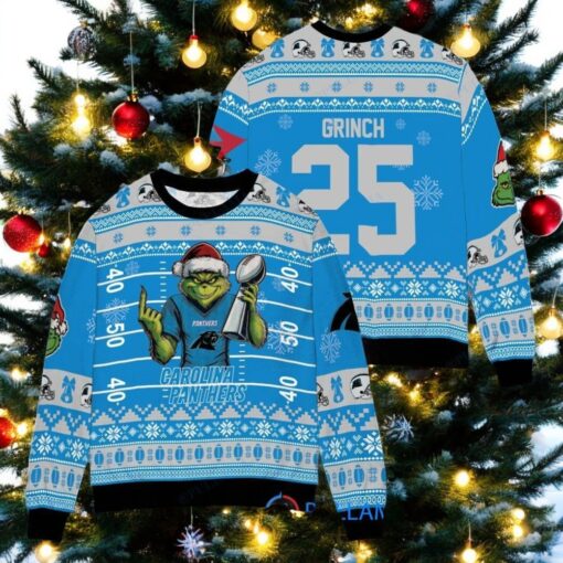 Carolina Panthers x Grinch Christmas Dr. Seuss How the Grinch Stole Christmas with Super Bowl Trophy Custom Ugly Christmas Sweater
