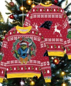 Carolina Panthers x Grinch NFL Dr. Seuss How the Grinch Stole Christmas with Super Bowl Trophy Ugly Christmas Sweater Red