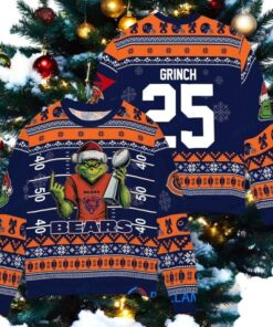 Chicago Bears x Grinch Christmas Dr. Seuss How the Grinch Stole Christmas with Super Bowl Trophy Custom Ugly Christmas Sweater