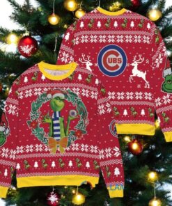 Chicago Cubs x Grinch Dr. Seuss How the Grinch Stole Christmas MLB with World Series Trophy Ugly Christmas Sweater Red