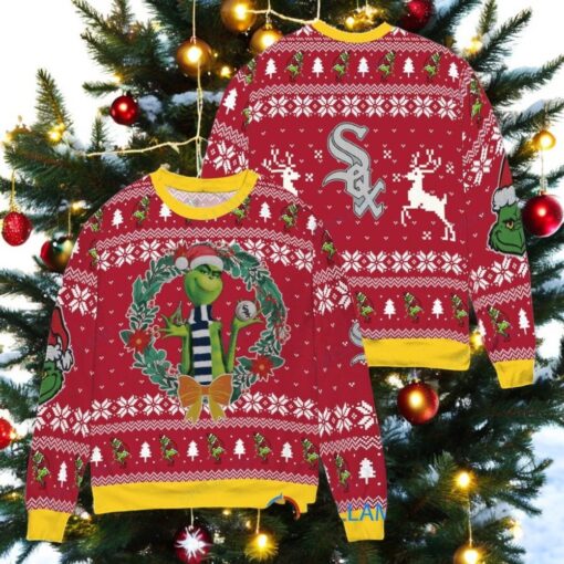 Chicago White Sox x Grinch Dr. Seuss How the Grinch Stole Christmas MLB with World Series Trophy Ugly Christmas Sweater Red