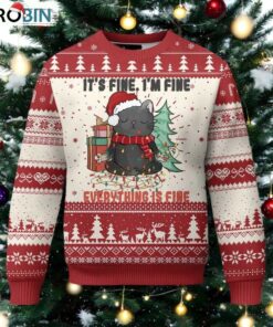 Christmas Black Cat Ugly Christmas Sweater It’s Fine I’m Fine Everything Is Fine Xmas Light Funny