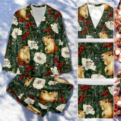 Christmas Pine Branch Holly Plant Squirrel Family Pajamas Set