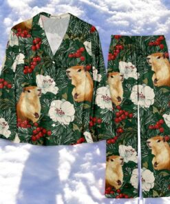 Christmas Pine Branch Holly Plant Squirrel Family Pajamas Set