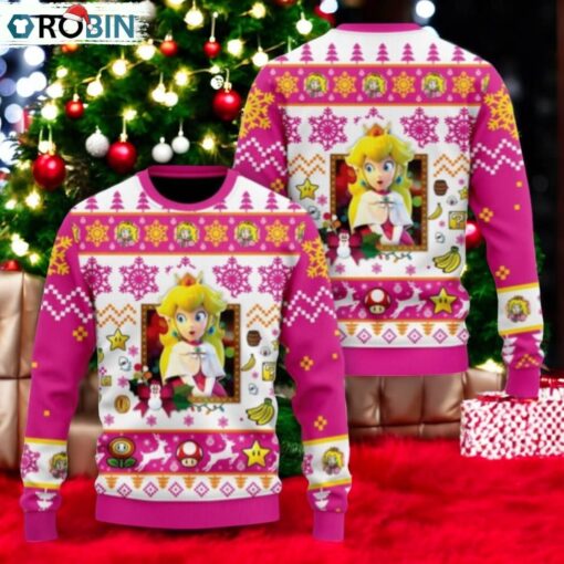 Christmas Princess Peach Ugly Sweater, Mario Characters Holiday Sweater
