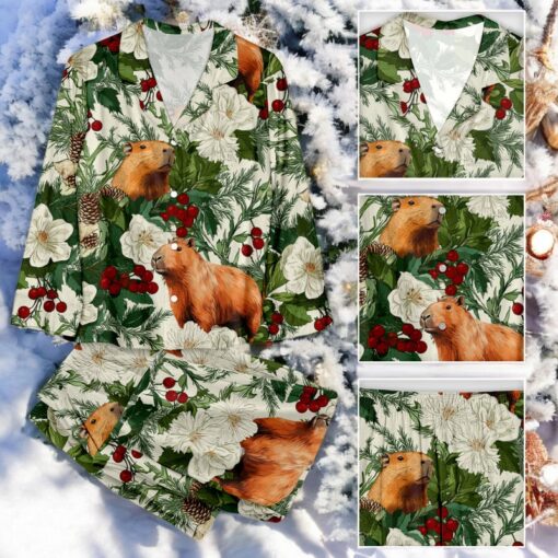 Christmas Winter Plant Capybara Family Pajamas Set
