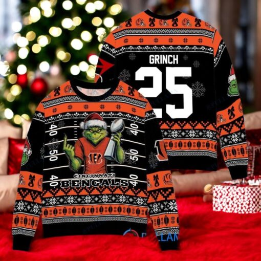 Cincinnati Bengals x Grinch Christmas Dr. Seuss How the Grinch Stole Christmas with Super Bowl Trophy Custom Ugly Christmas Sweater