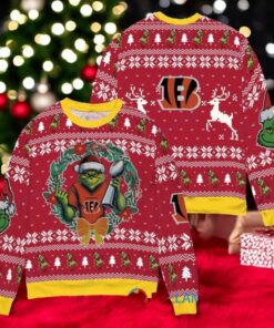 Cincinnati Bengals x Grinch NFL Dr. Seuss How the Grinch Stole Christmas with Super Bowl Trophy Ugly Christmas Sweater Red